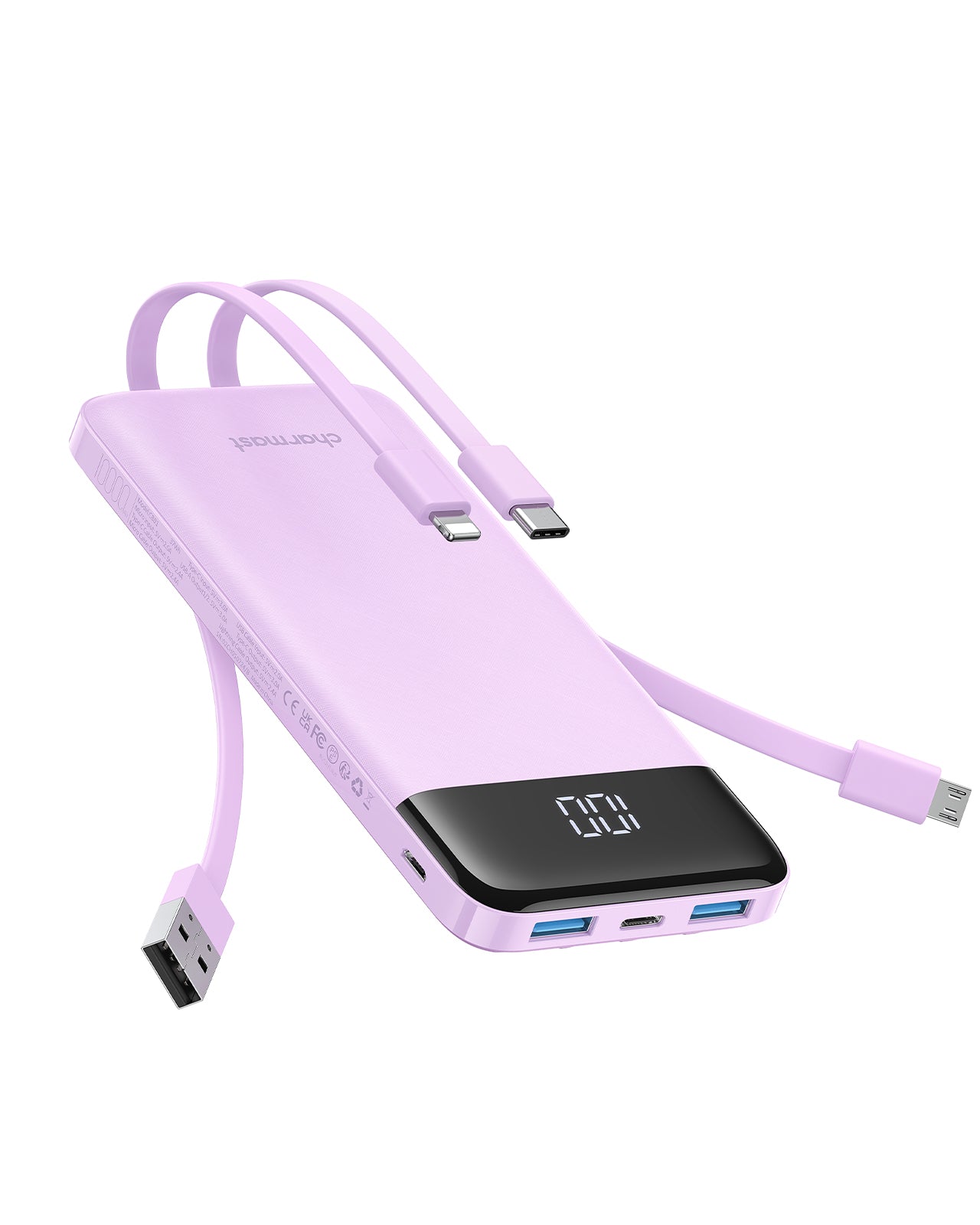 10000mAh Slim Portable Charger with Built in Cables | 15W USB C